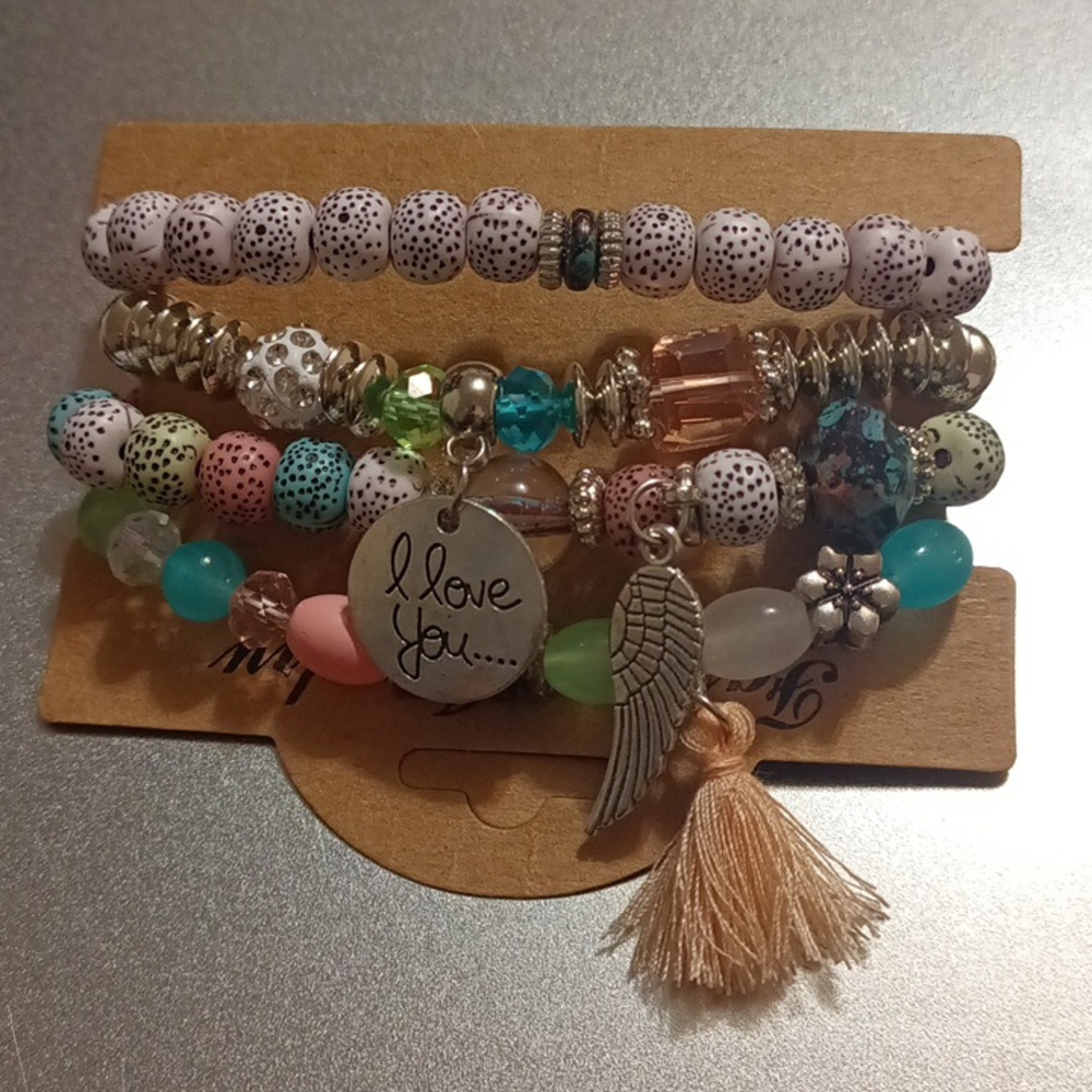 4pcs/Set Disc Love Wings Tassel Volcano Stone Beads Bracelet, Pink & Multicolor